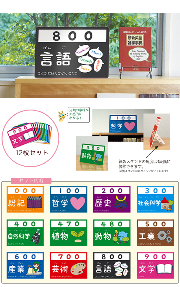 9808 0381 分類サイン 赤木かん子監修 12枚組 入数 1セット 図書館用品 サイン 展示スタンド 書架サイン サイフクオンライン 書架サイン